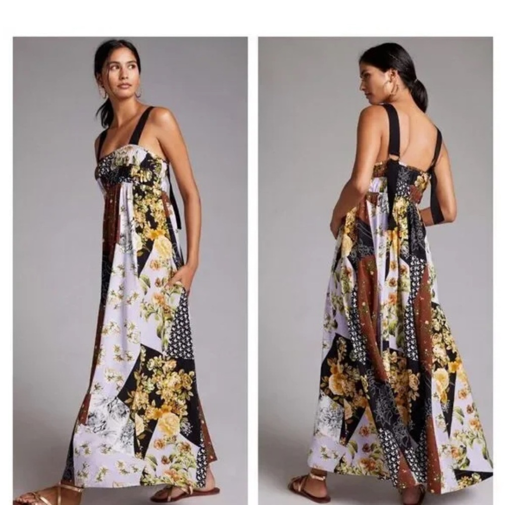 Anthropologie- Maeve patchwork Floral Maxi Dress - Black, Yellow & Brown